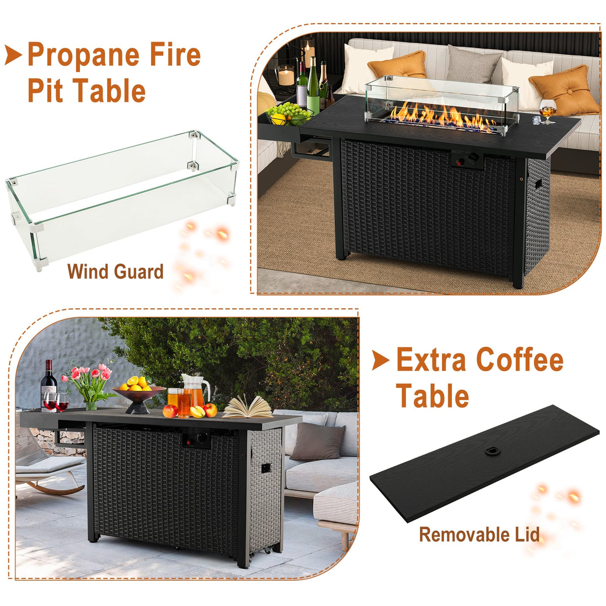 52 Inches Outdoor Wicker Gas Fire Pit Propane Fire Table with Cover-Black-Fire Pit Tables-DECOROLALA