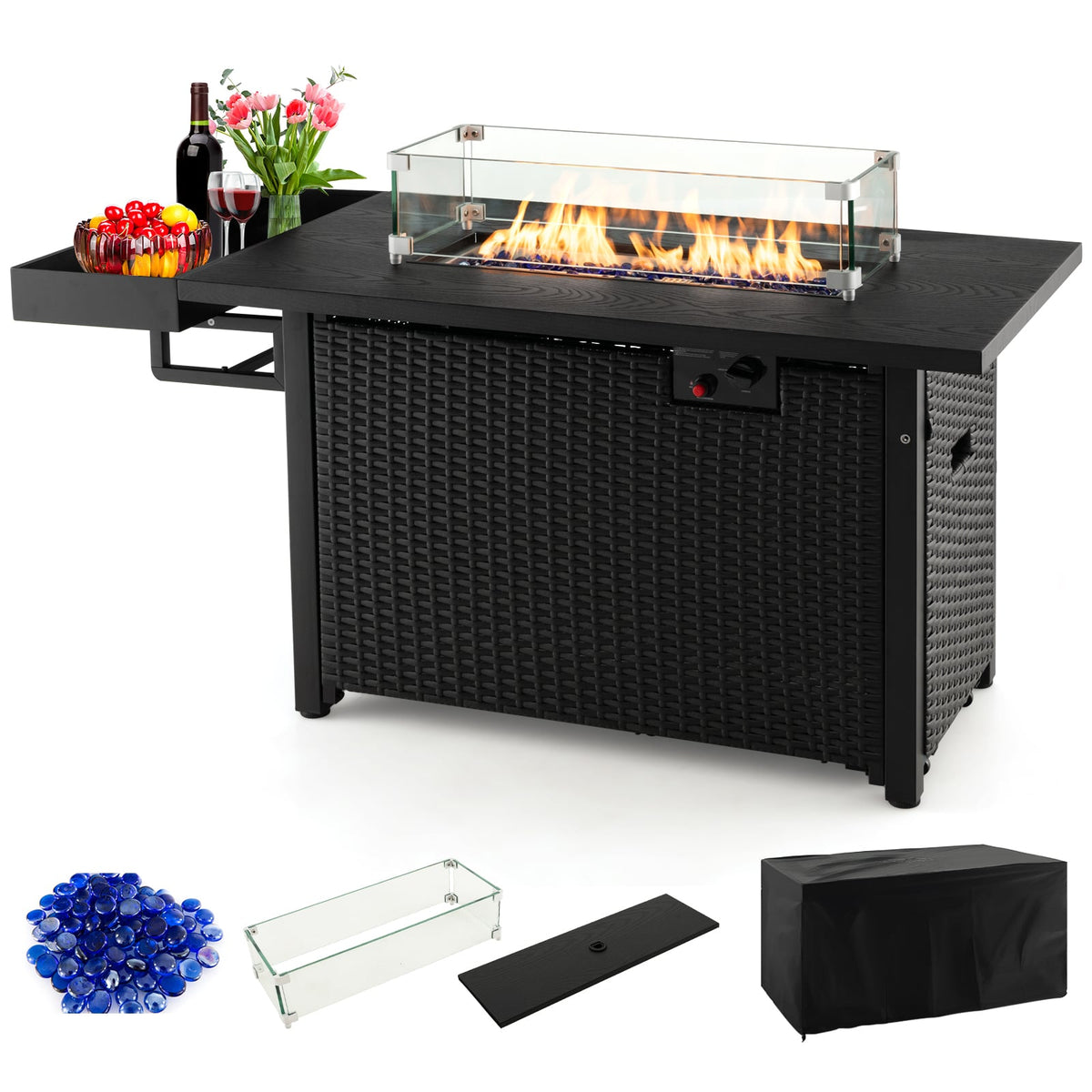 52 Inches Outdoor Wicker Gas Fire Pit Propane Fire Table with Cover-Black-Fire Pit Tables-DECOROLALA