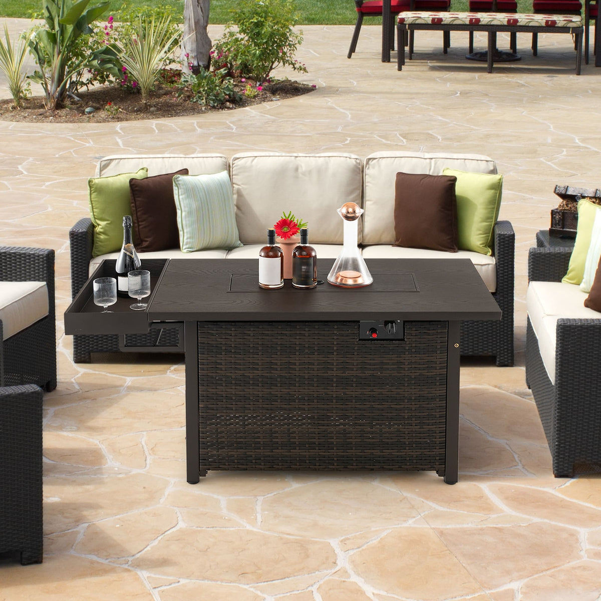 52 Inches Outdoor Wicker Gas Fire Pit Propane Fire Table with Cover-Brown-Fire Pit Tables-DECOROLALA