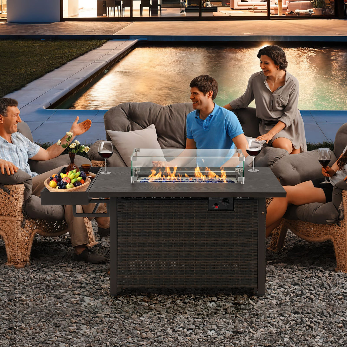 52 Inches Outdoor Wicker Gas Fire Pit Propane Fire Table with Cover-Brown-Fire Pit Tables-DECOROLALA