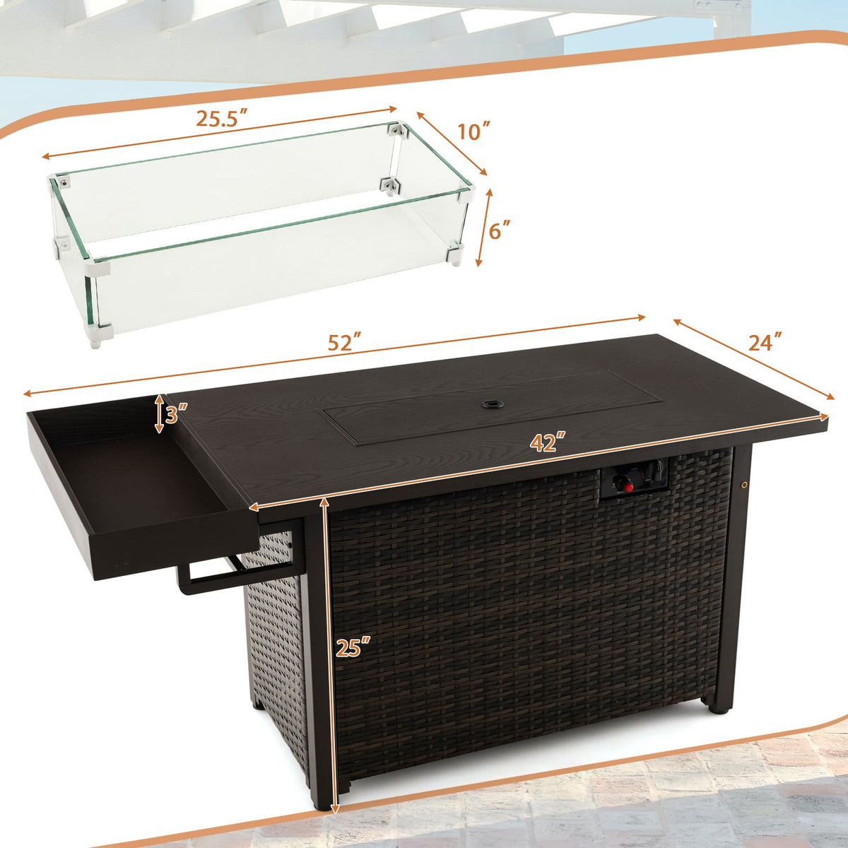 52 Inches Outdoor Wicker Gas Fire Pit Propane Fire Table with Cover-Brown-Fire Pit Tables-DECOROLALA