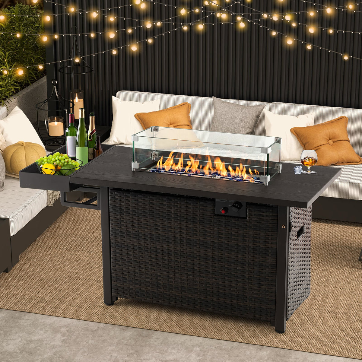 52 Inches Outdoor Wicker Gas Fire Pit Propane Fire Table with Cover-Brown-Fire Pit Tables-DECOROLALA