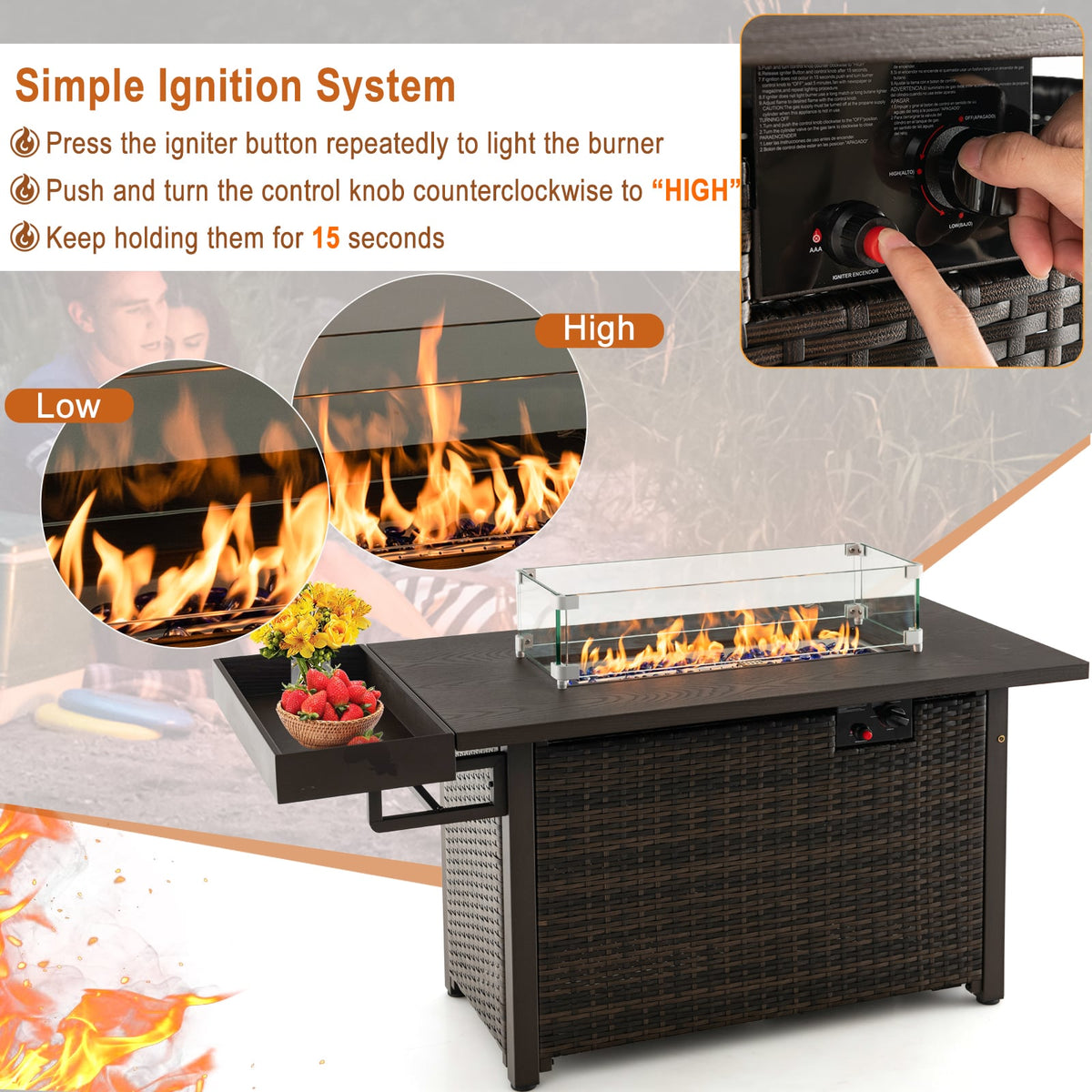 52 Inches Outdoor Wicker Gas Fire Pit Propane Fire Table with Cover-Brown-Fire Pit Tables-DECOROLALA