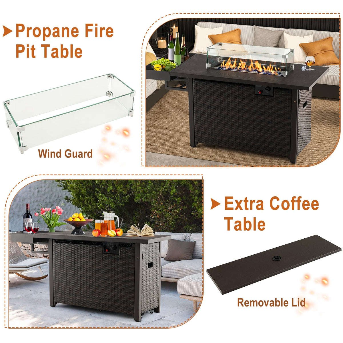52 Inches Outdoor Wicker Gas Fire Pit Propane Fire Table with Cover-Brown-Fire Pit Tables-DECOROLALA