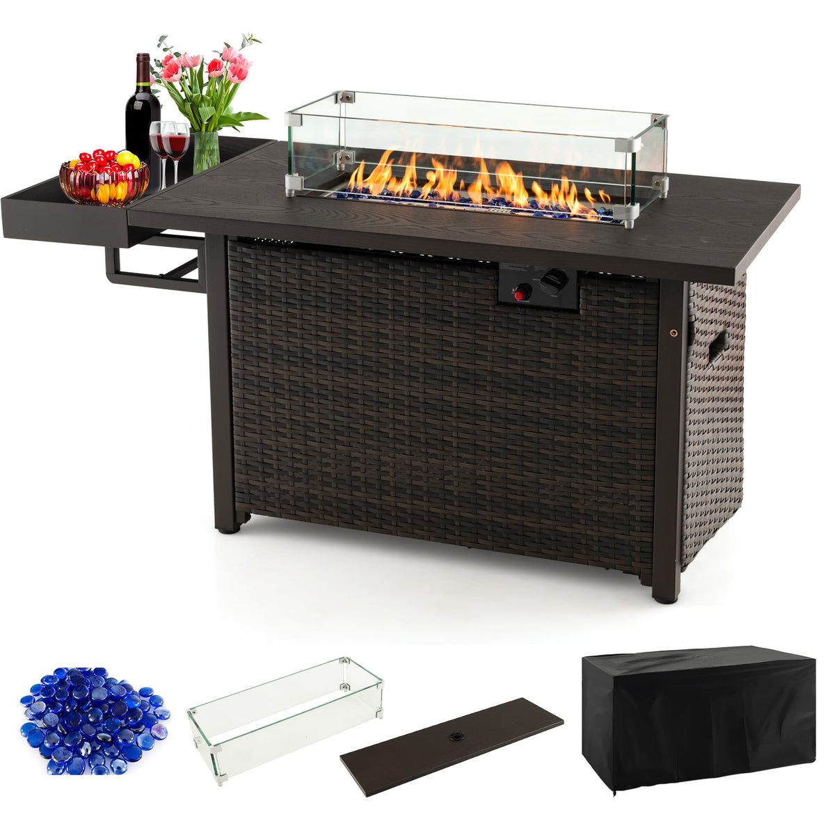 52 Inches Outdoor Wicker Gas Fire Pit Propane Fire Table with Cover-Brown-Fire Pit Tables-DECOROLALA