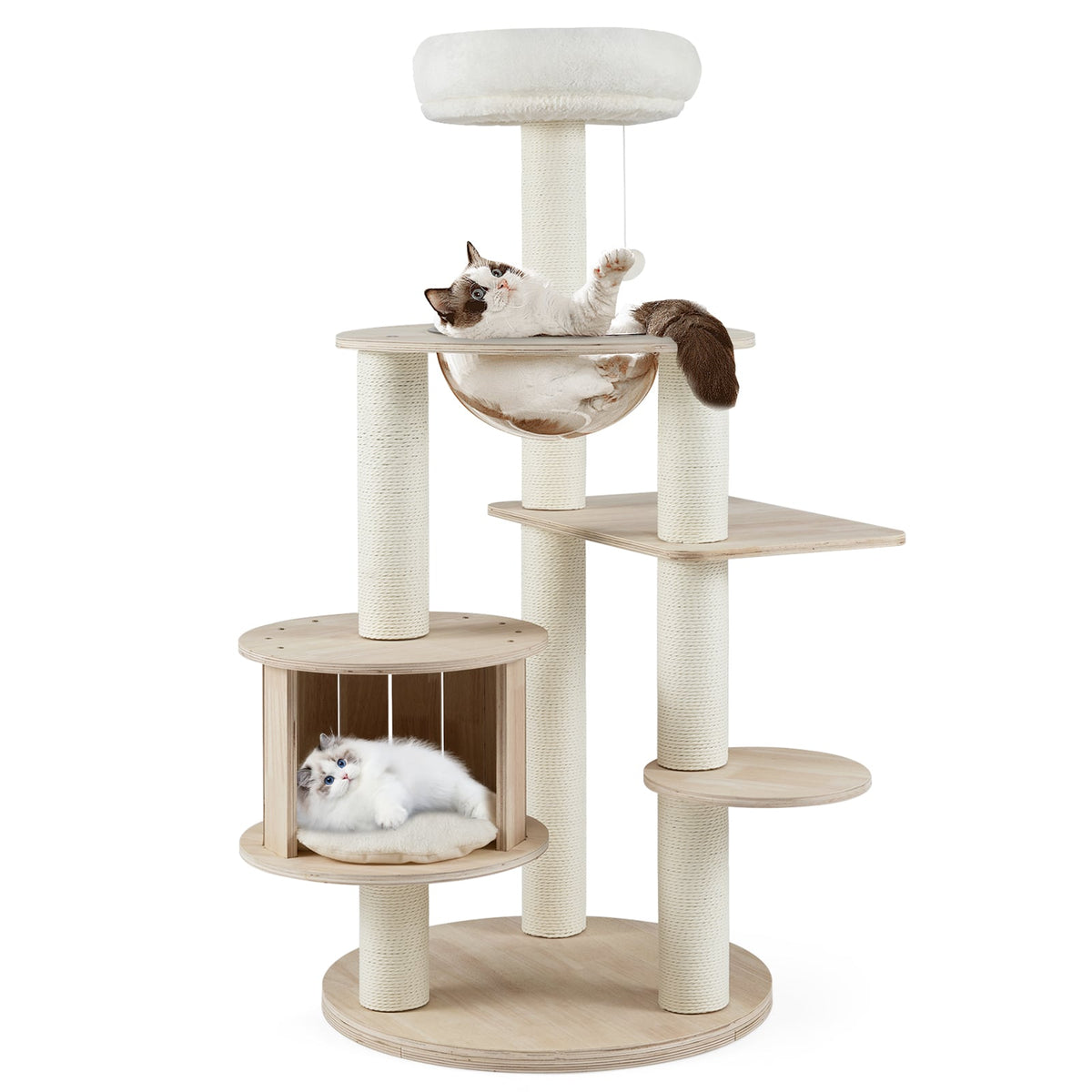 52 Inches Tall Wooden Cat Tree with Washable Plush Cushions and Multi-Level Climbing Stand-Cat Trees & Scratchers-DECOROLALA