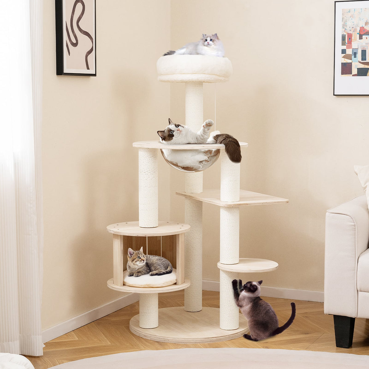 52 Inches Tall Wooden Cat Tree with Washable Plush Cushions and Multi-Level Climbing Stand-Cat Trees & Scratchers-DECOROLALA