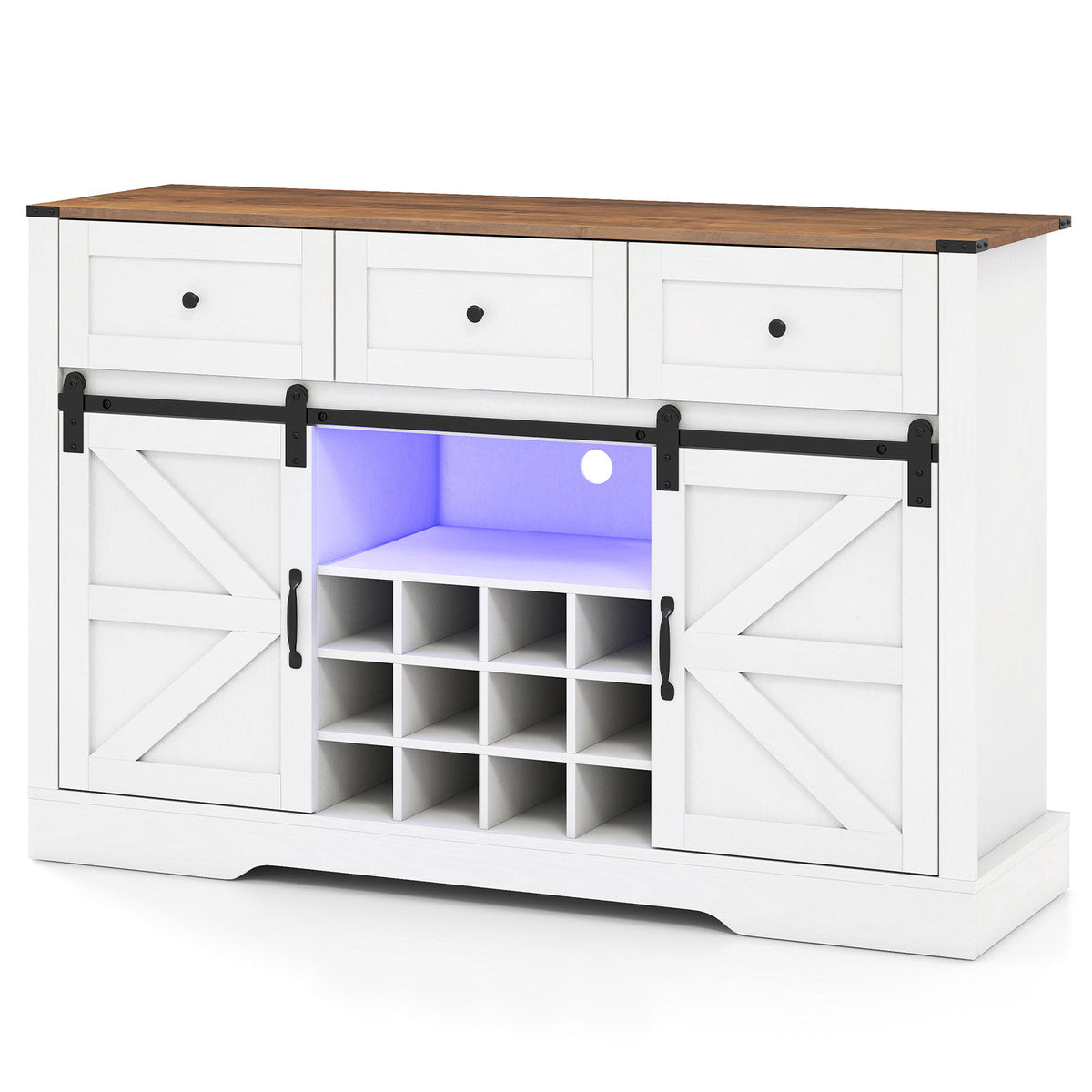 52 Inches Wine Bar Cabinet with LED Lights and Sliding Barn Doors-White-Sideboards & Buffets-DECOROLALA