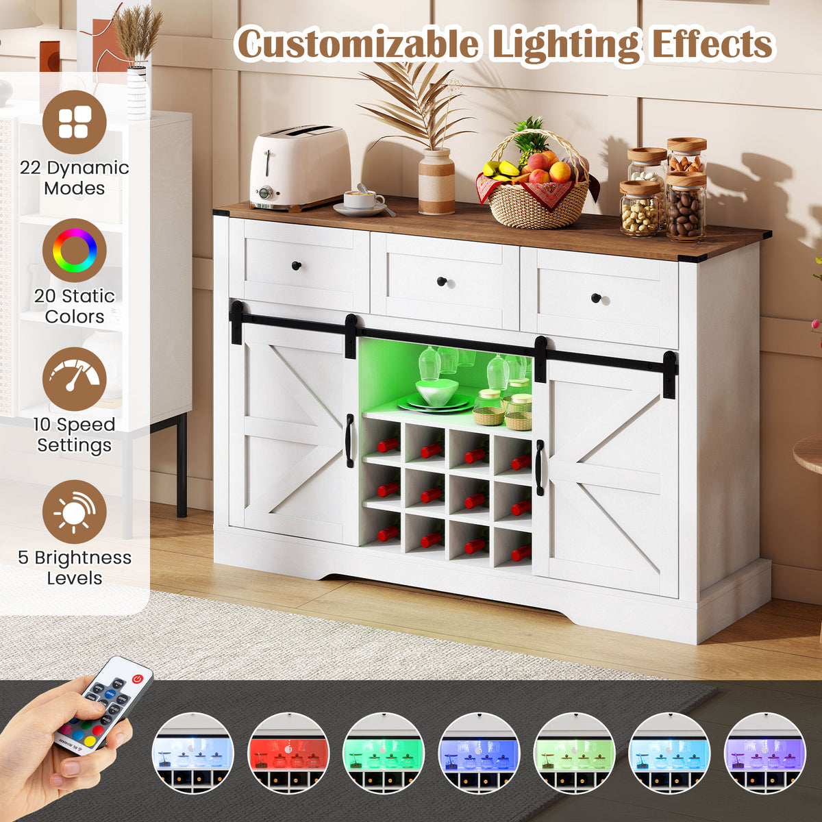 52 Inches Wine Bar Cabinet with LED Lights and Sliding Barn Doors-White-Sideboards & Buffets-DECOROLALA