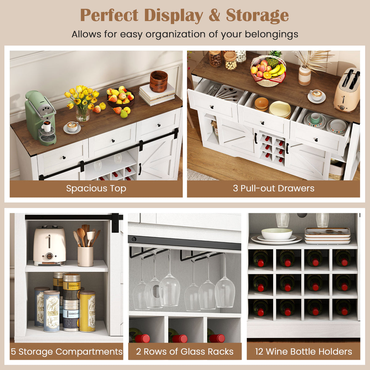 52 Inches Wine Bar Cabinet with LED Lights and Sliding Barn Doors-White-Sideboards & Buffets-DECOROLALA