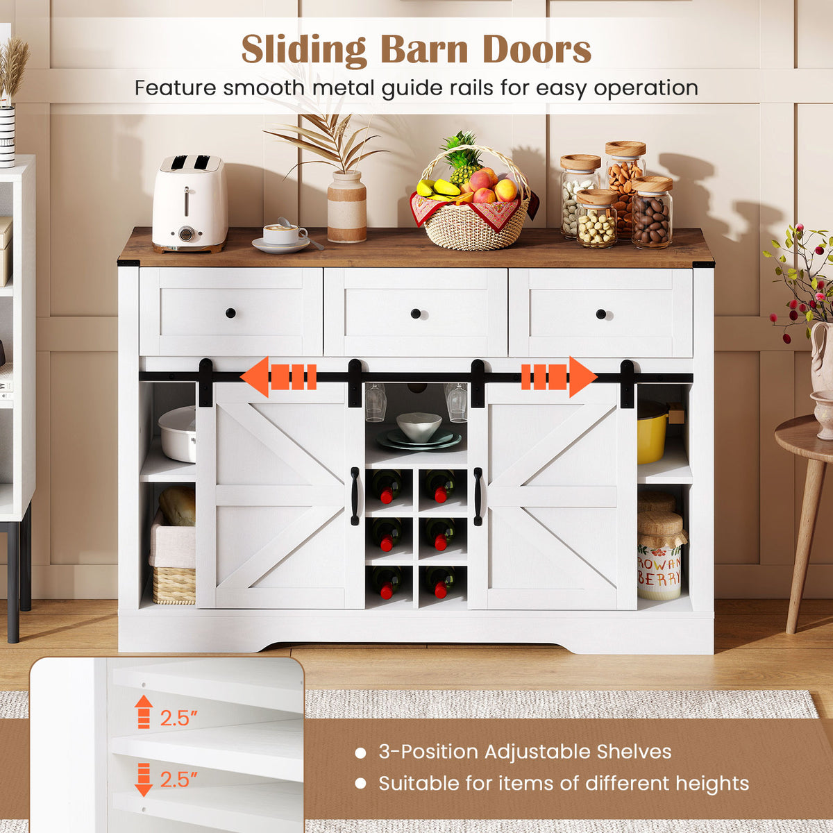 52 Inches Wine Bar Cabinet with LED Lights and Sliding Barn Doors-White-Sideboards & Buffets-DECOROLALA
