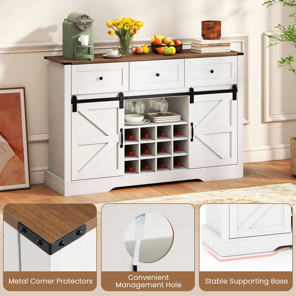 52 Inches Wine Bar Cabinet with LED Lights and Sliding Barn Doors-White-Sideboards & Buffets-DECOROLALA