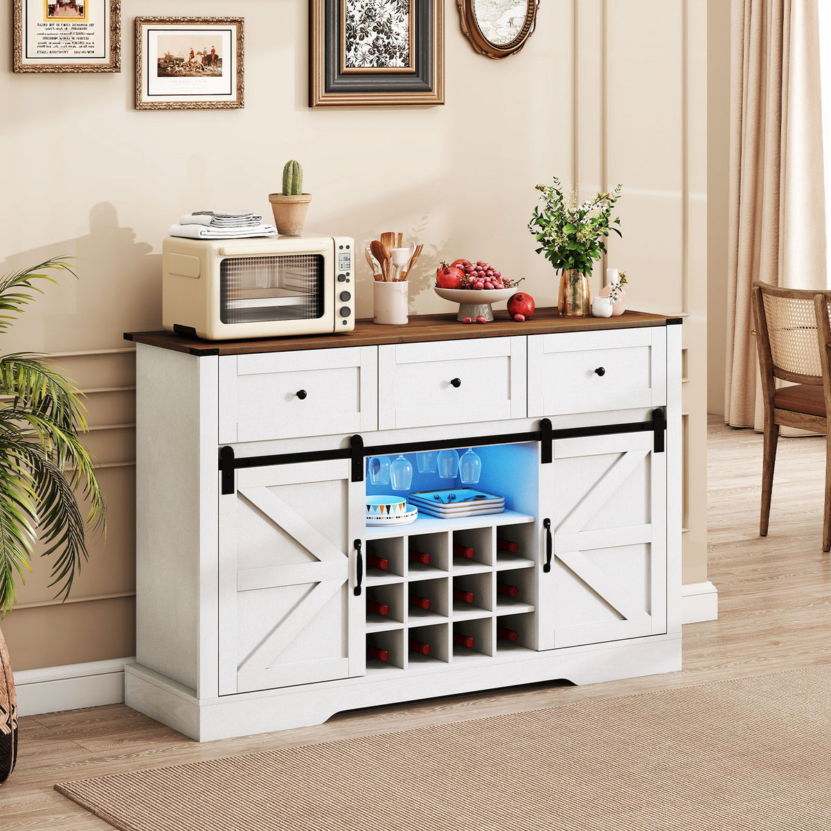 52 Inches Wine Bar Cabinet with LED Lights and Sliding Barn Doors-White-Sideboards & Buffets-DECOROLALA