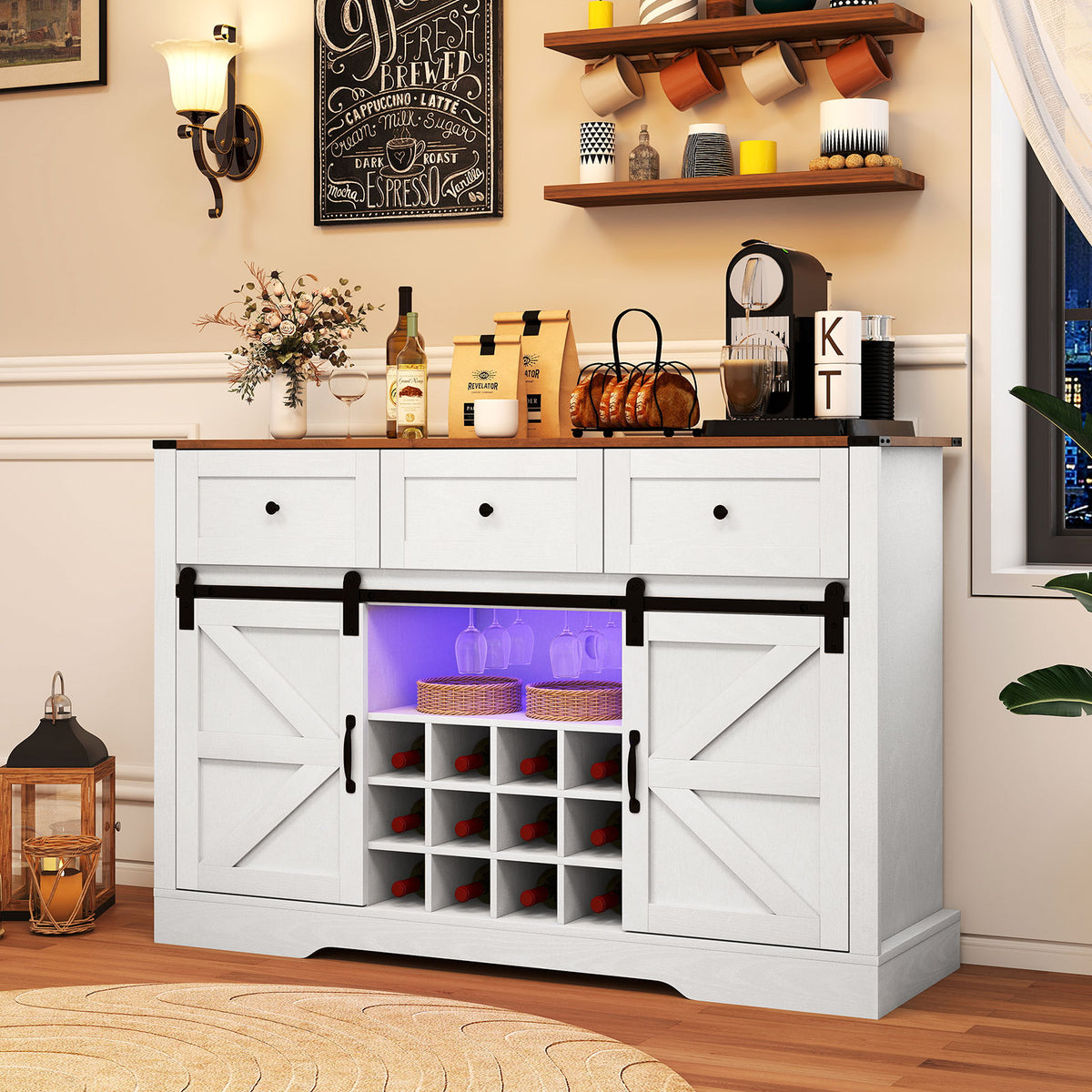 52 Inches Wine Bar Cabinet with LED Lights and Sliding Barn Doors-White-Sideboards & Buffets-DECOROLALA