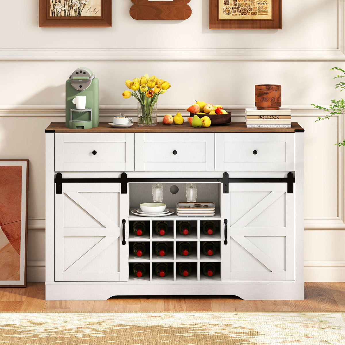52 Inches Wine Bar Cabinet with LED Lights and Sliding Barn Doors-White-Sideboards & Buffets-DECOROLALA