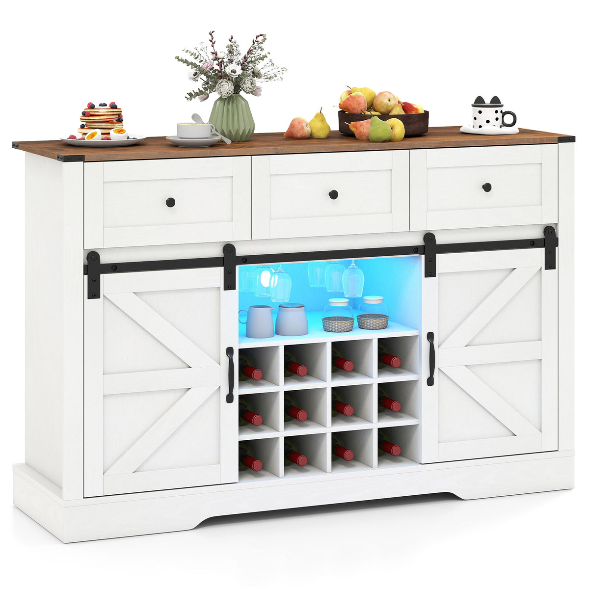 52 Inches Wine Bar Cabinet with LED Lights and Sliding Barn Doors-White-Sideboards & Buffets-DECOROLALA