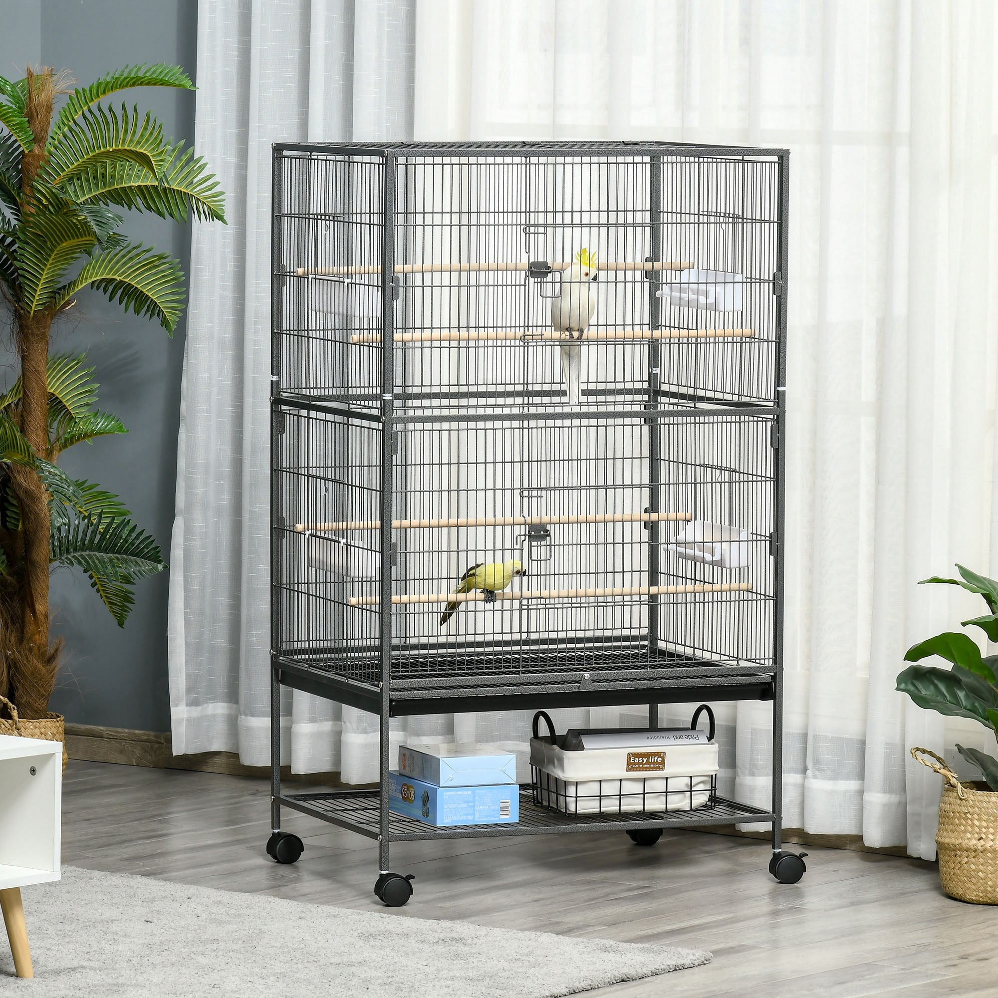 52" Large Rolling Steel Bird Cage with Storage Shelf - Dark Grey-Birds-DECOROLALA