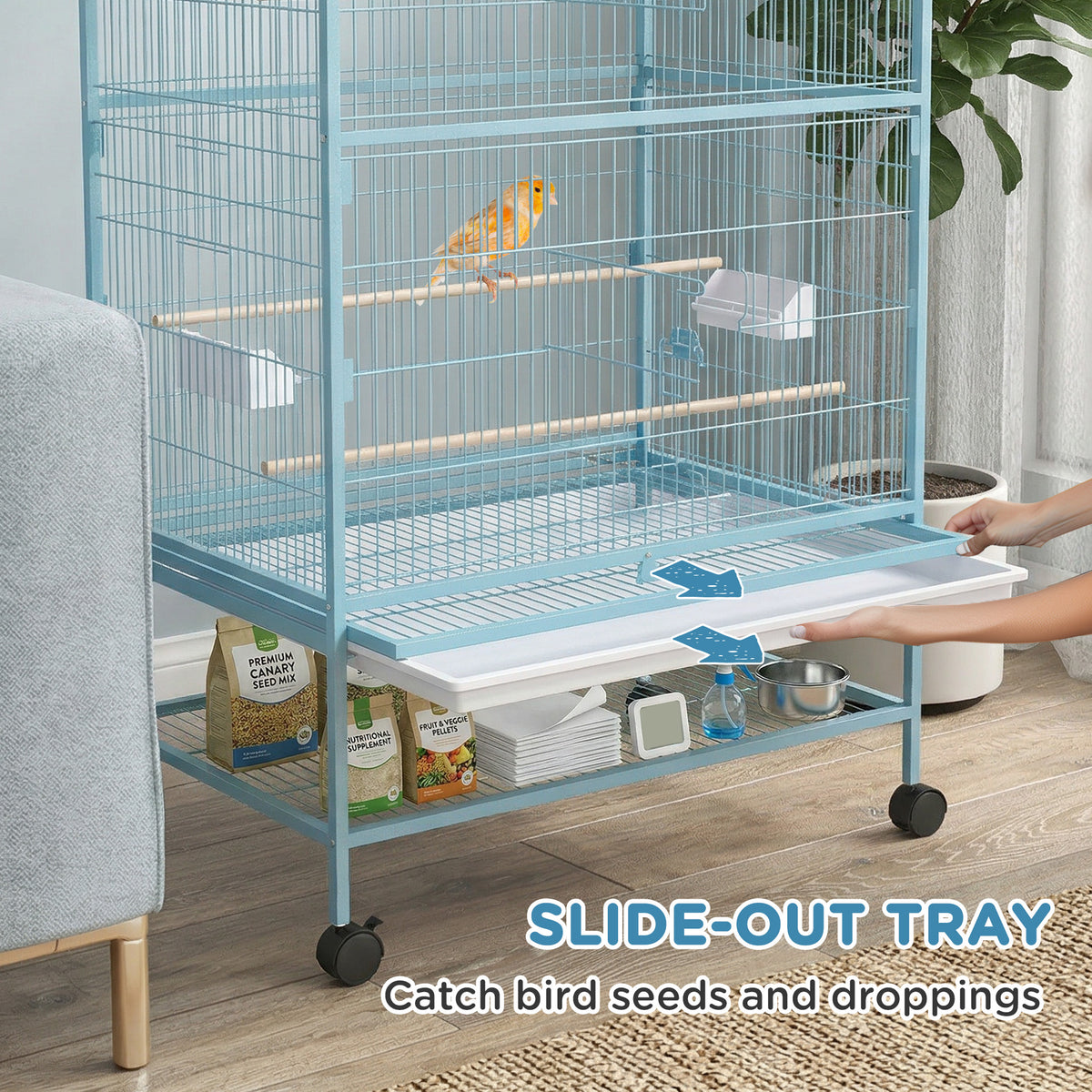 52" Large Rolling Steel Bird Cage with Storage Shelf - Light Blue-Birds-DECOROLALA