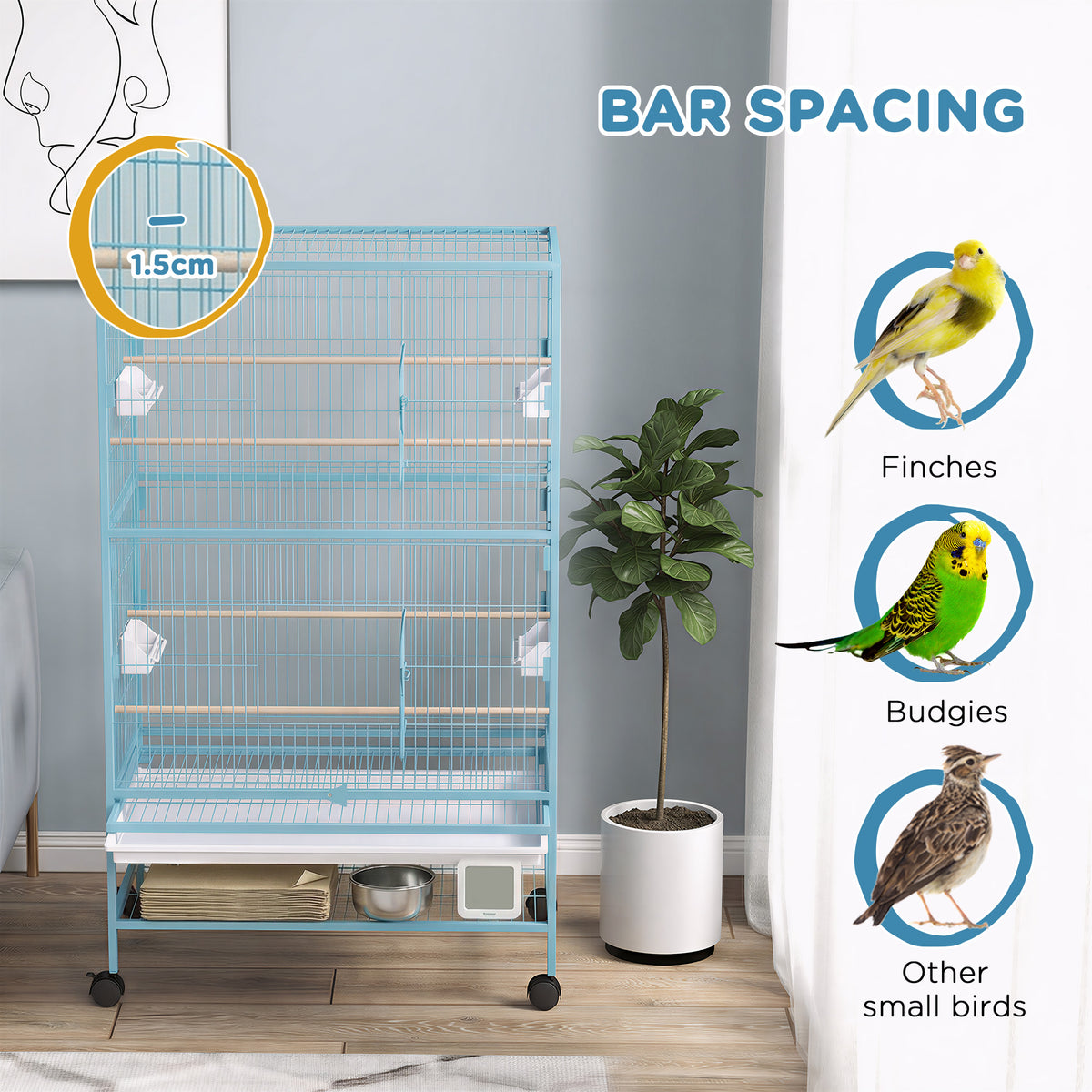 52" Large Rolling Steel Bird Cage with Storage Shelf - Light Blue-Birds-DECOROLALA