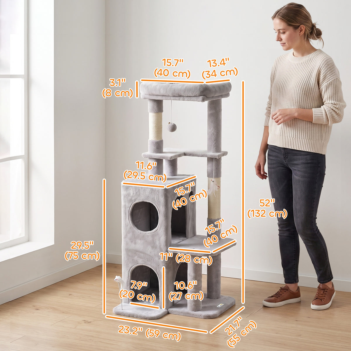 52" Multi-Level Cat Tree Tower with 2-Tier Condo - Light Grey-Cats-DECOROLALA