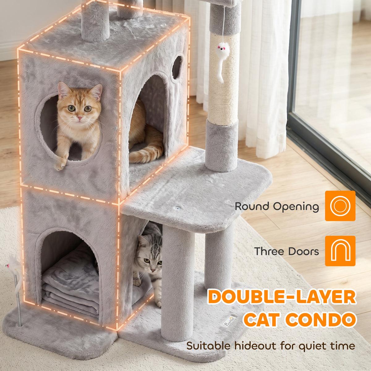 52" Multi-Level Cat Tree Tower with 2-Tier Condo - Light Grey-Cats-DECOROLALA