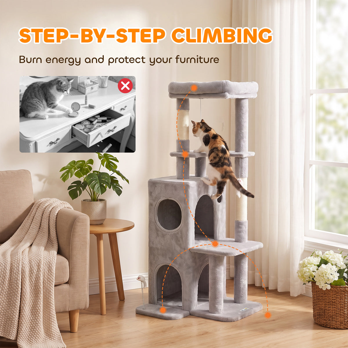 52" Multi-Level Cat Tree Tower with 2-Tier Condo - Light Grey-Cats-DECOROLALA