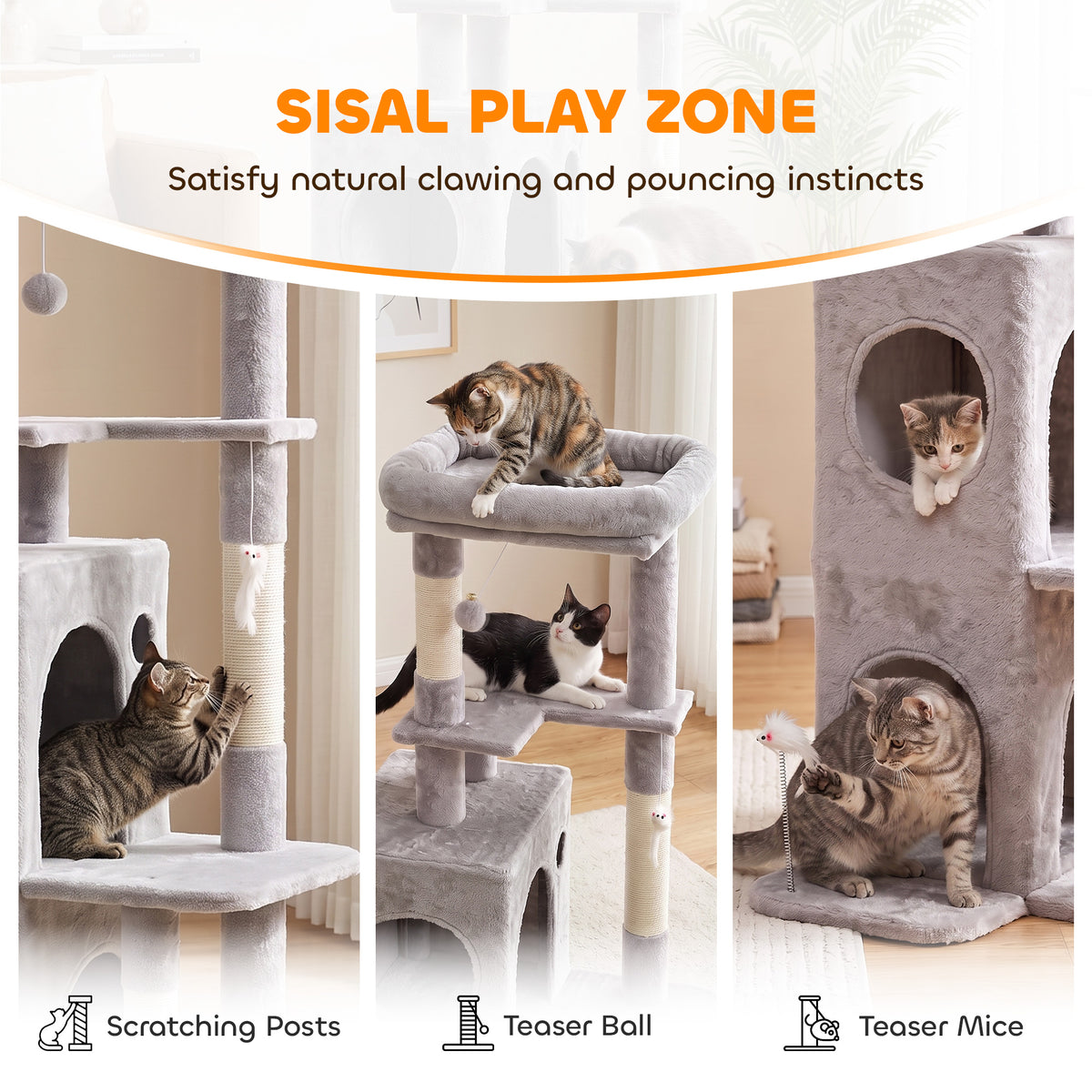 52" Multi-Level Cat Tree Tower with 2-Tier Condo - Light Grey-Cats-DECOROLALA