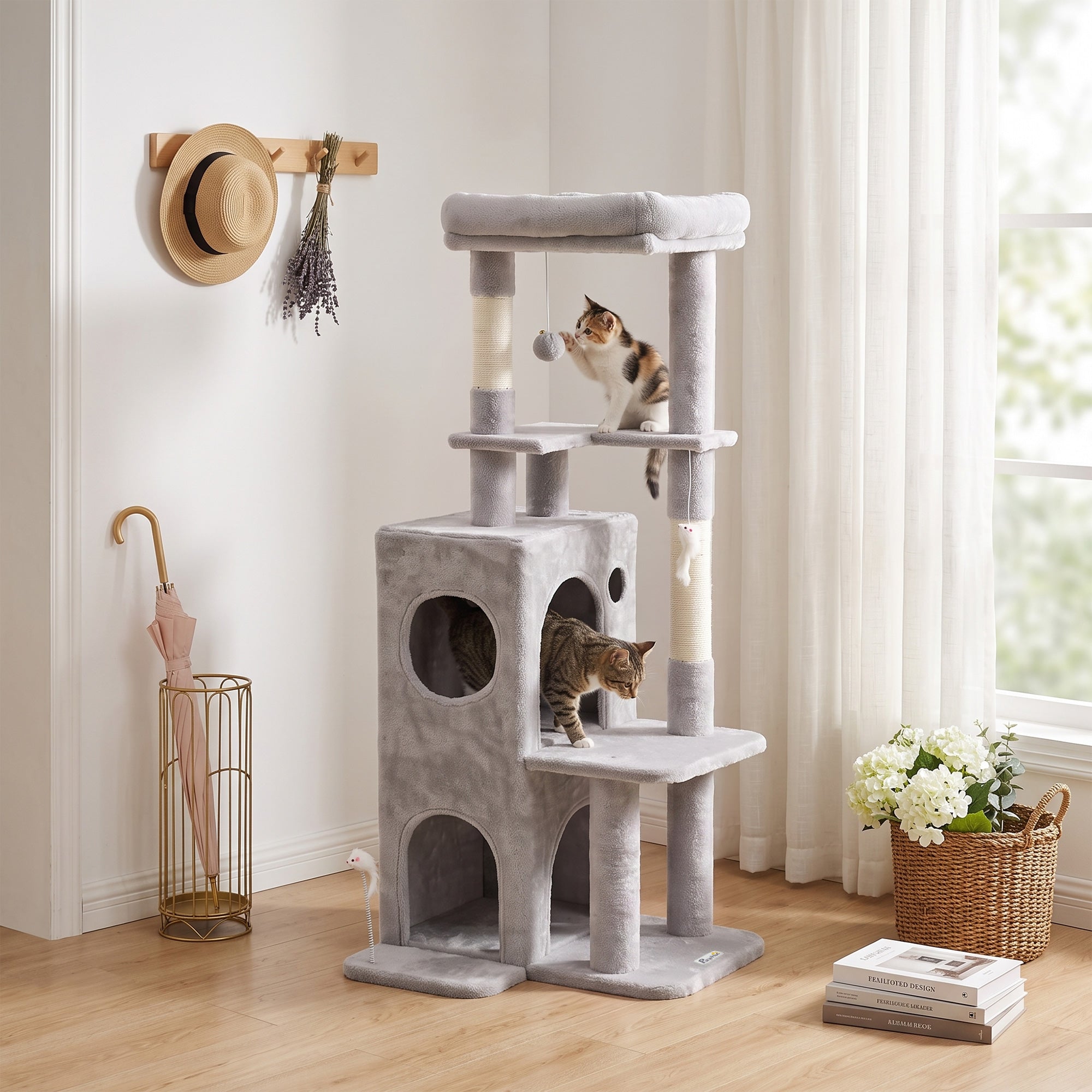 52" Multi-Level Cat Tree Tower with 2-Tier Condo - Light Grey-Cats-DECOROLALA