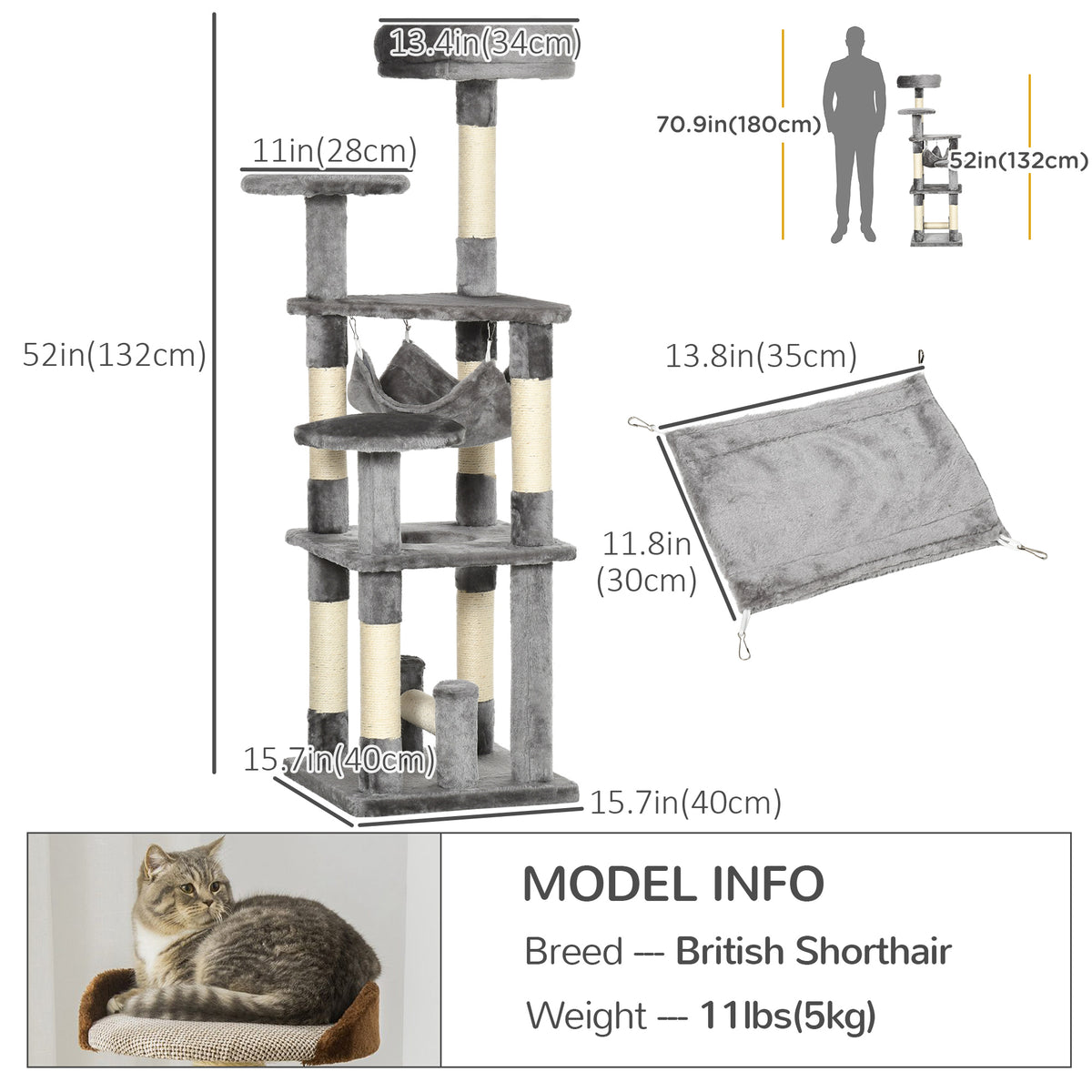 52" Multi-Level Cat Tree Tower with Hammock - Grey-Cats-DECOROLALA