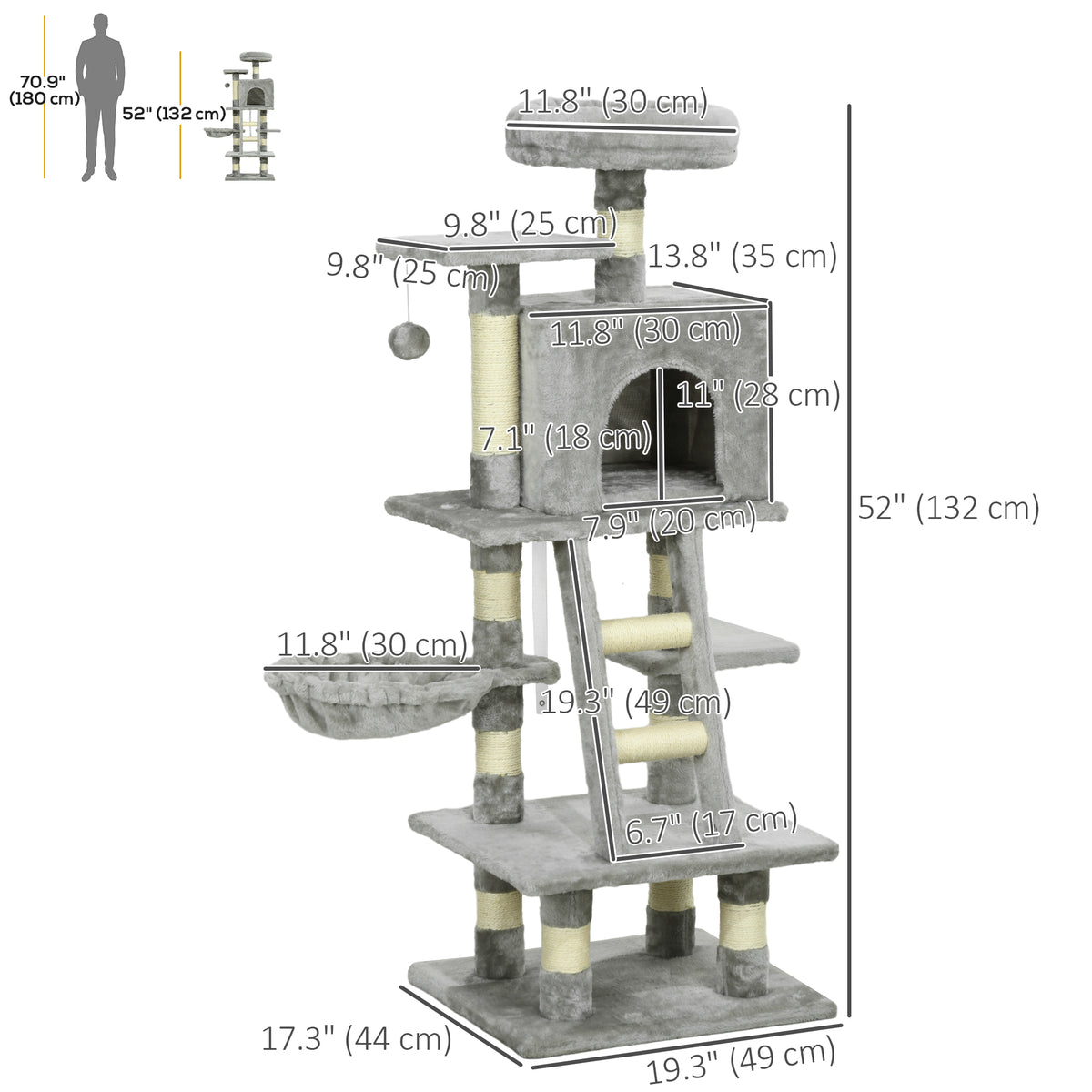 52" Multi-Level Cat Tree with Condo, Hammock and Sisal Posts - Grey-Cats-DECOROLALA
