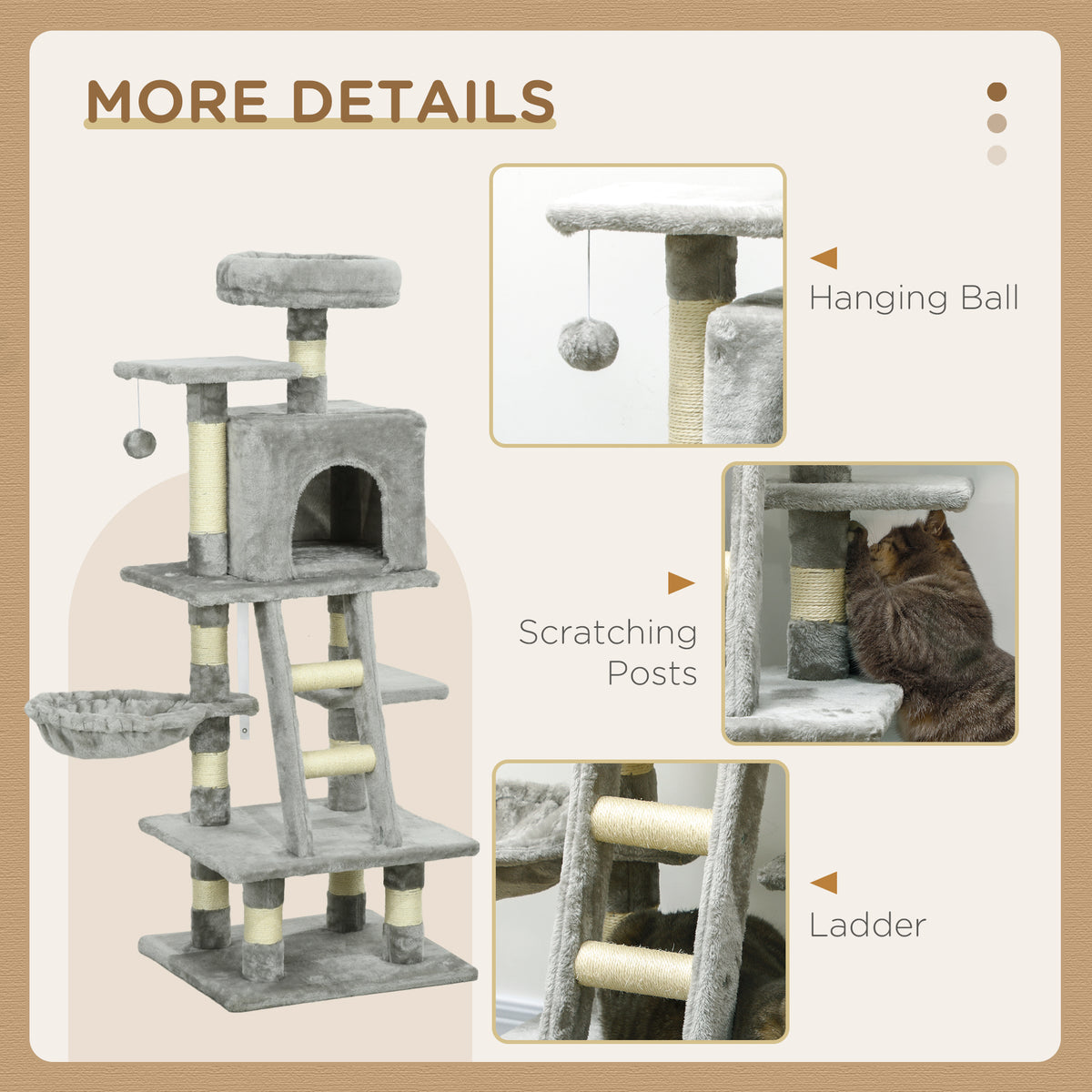 52" Multi-Level Cat Tree with Condo, Hammock and Sisal Posts - Grey-Cats-DECOROLALA