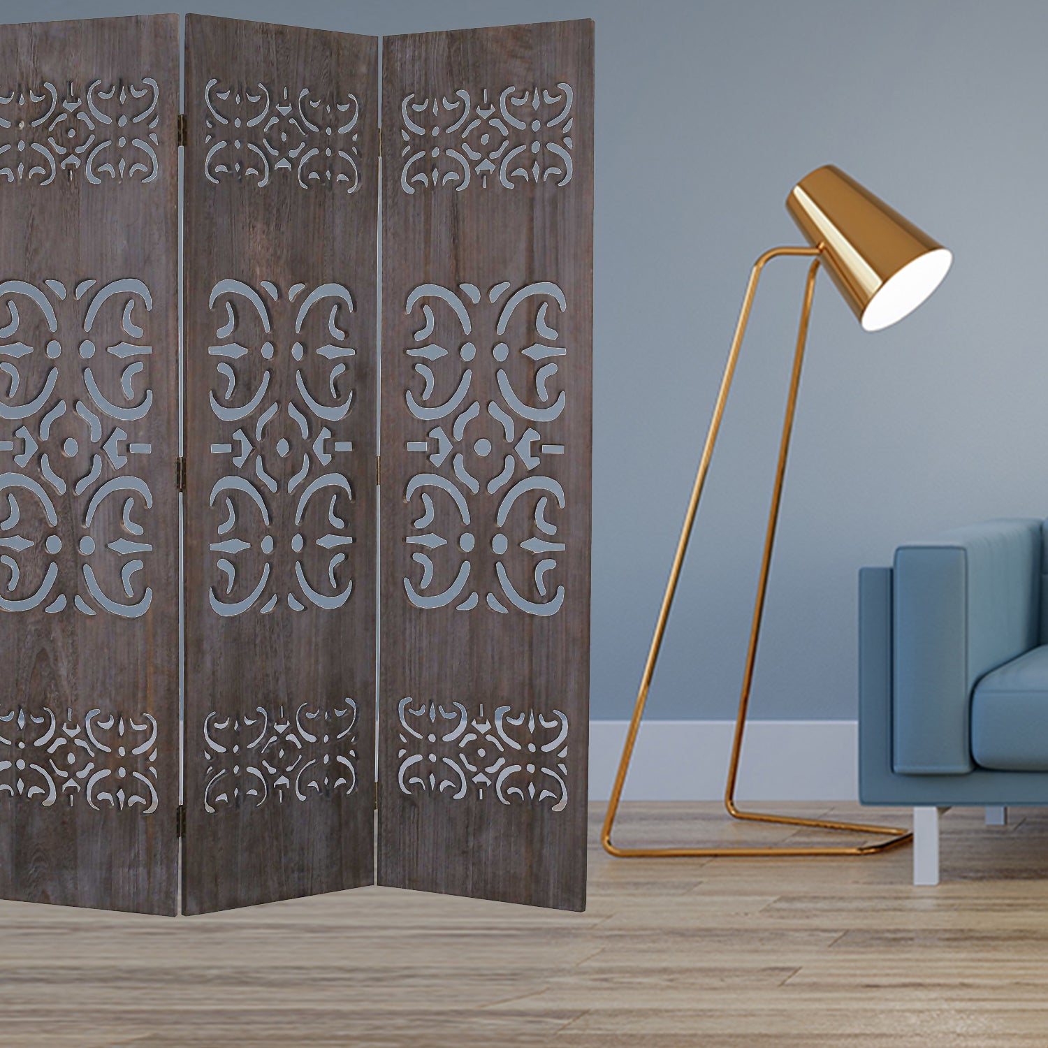 52 X 67 Brown 3 Panel Wood Screen-Room Dividers-DECOROLALA