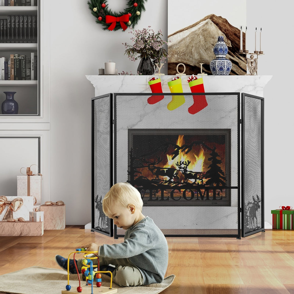 52 x 31 Inch Fireplace Screen-Black-Fireplace Tools-DECOROLALA
