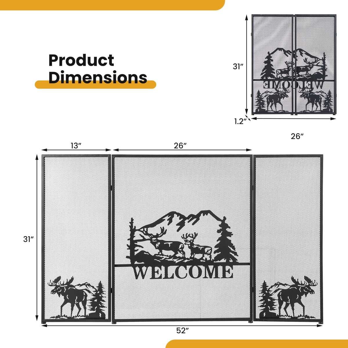 52 x 31 Inch Fireplace Screen-Black-Fireplace Tools-DECOROLALA