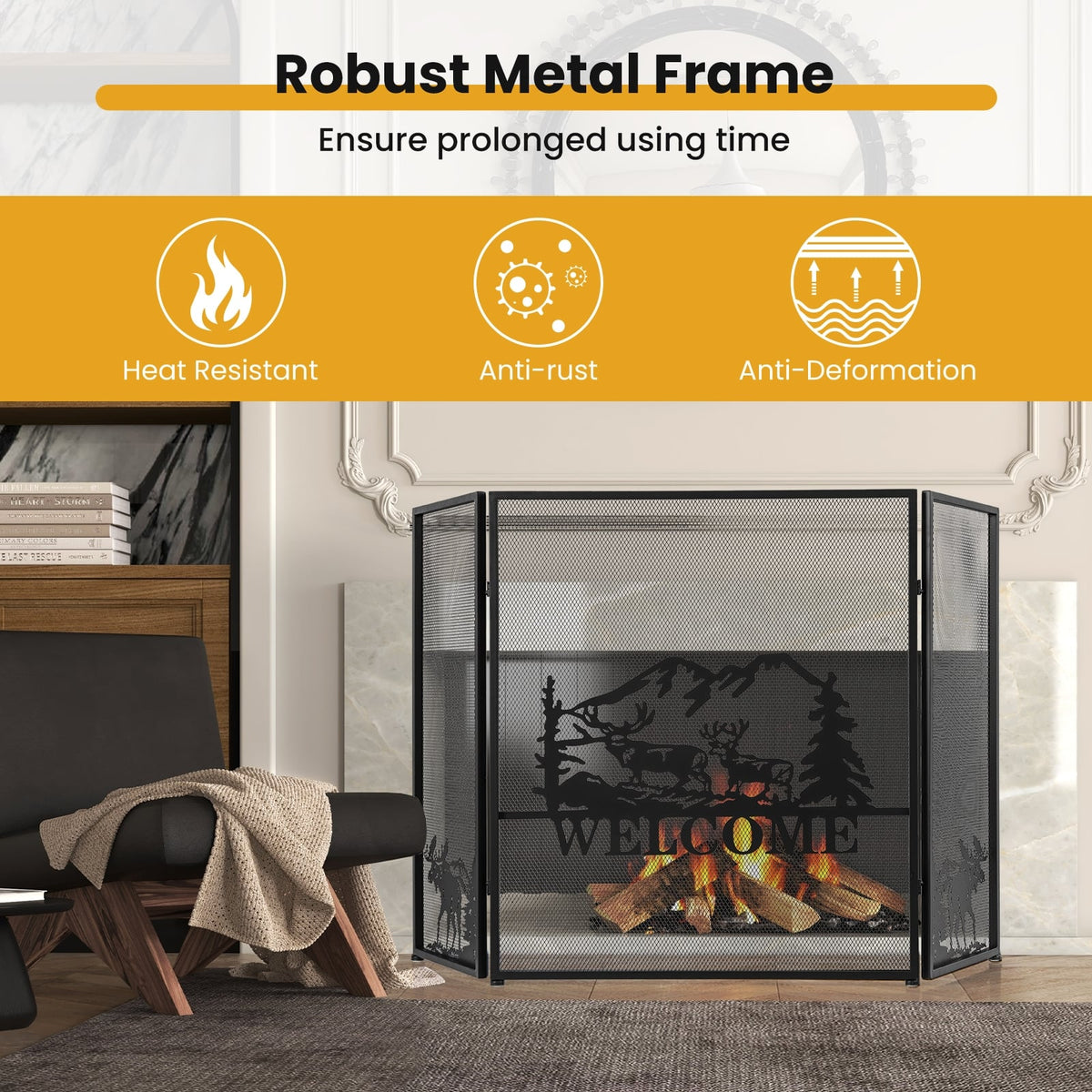 52 x 31 Inch Fireplace Screen-Black-Fireplace Tools-DECOROLALA