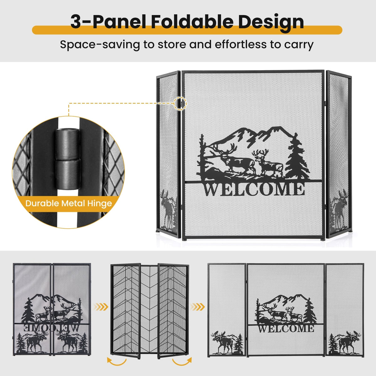 52 x 31 Inch Fireplace Screen-Black-Fireplace Tools-DECOROLALA