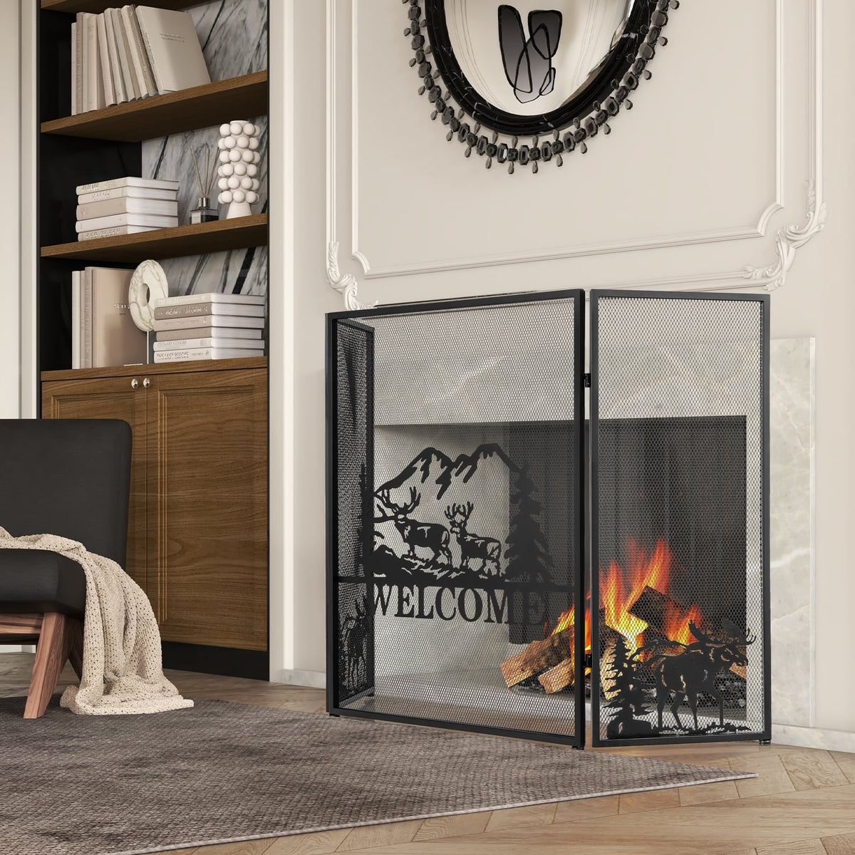 52 x 31 Inch Fireplace Screen-Black-Fireplace Tools-DECOROLALA