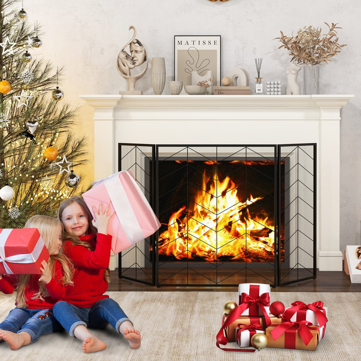 52 x 31 Inch Fireplace Screen with Chevron Herringbone Pattern-Fireplace Tools-DECOROLALA