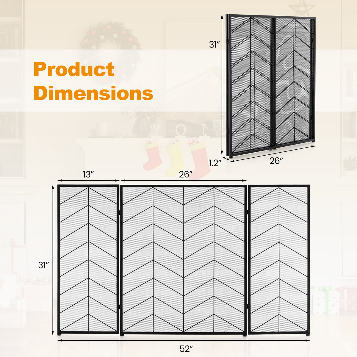 52 x 31 Inch Fireplace Screen with Chevron Herringbone Pattern-Fireplace Tools-DECOROLALA