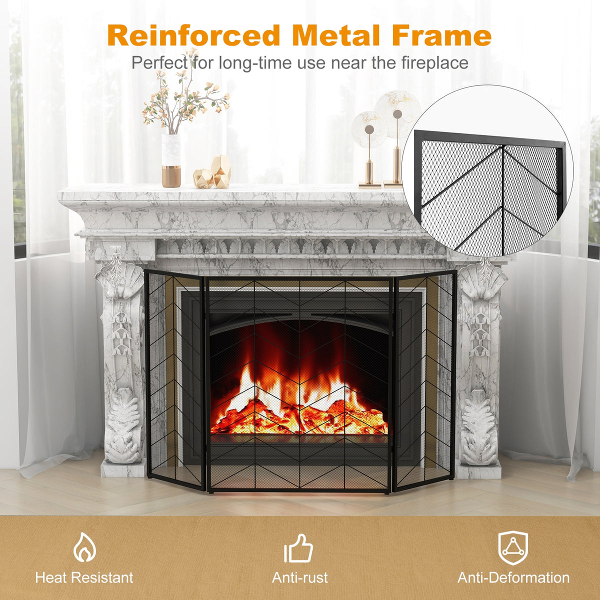 52 x 31 Inch Fireplace Screen with Chevron Herringbone Pattern-Fireplace Tools-DECOROLALA