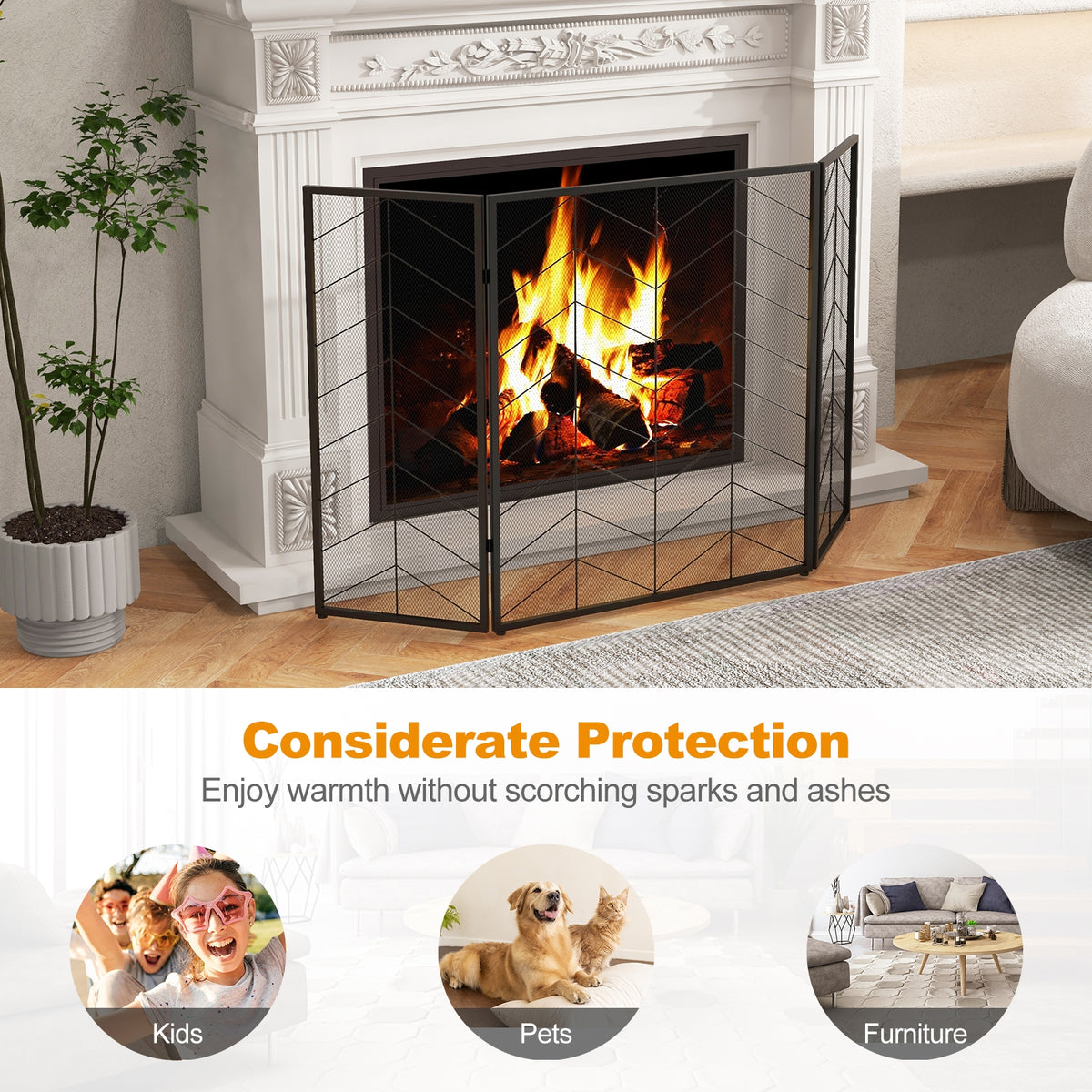 52 x 31 Inch Fireplace Screen with Chevron Herringbone Pattern-Fireplace Tools-DECOROLALA