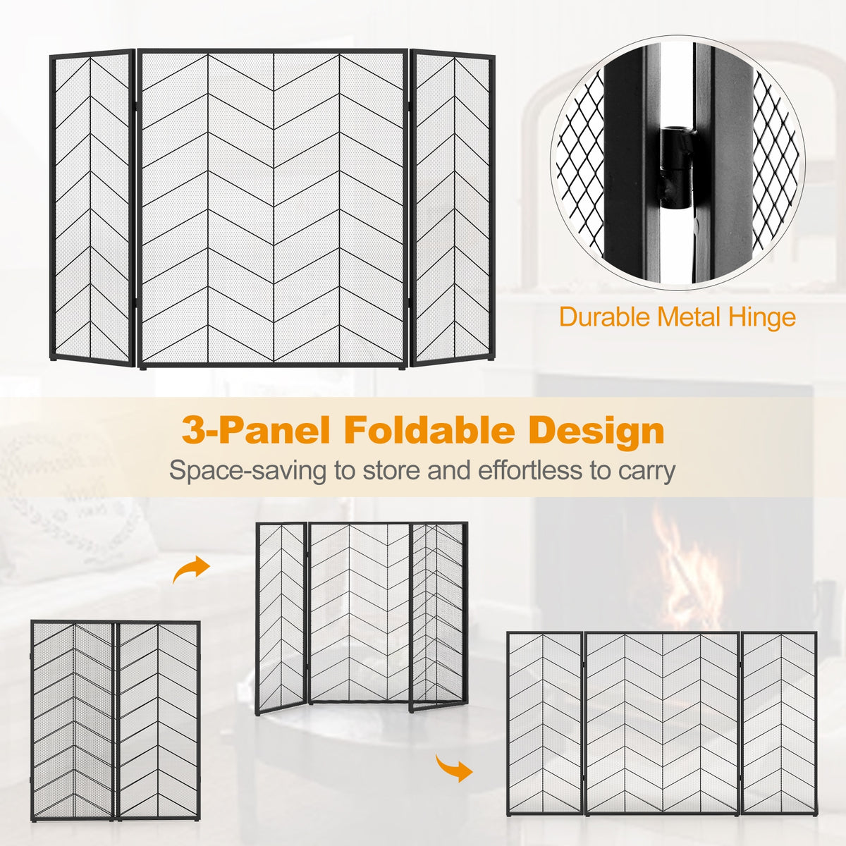 52 x 31 Inch Fireplace Screen with Chevron Herringbone Pattern-Fireplace Tools-DECOROLALA
