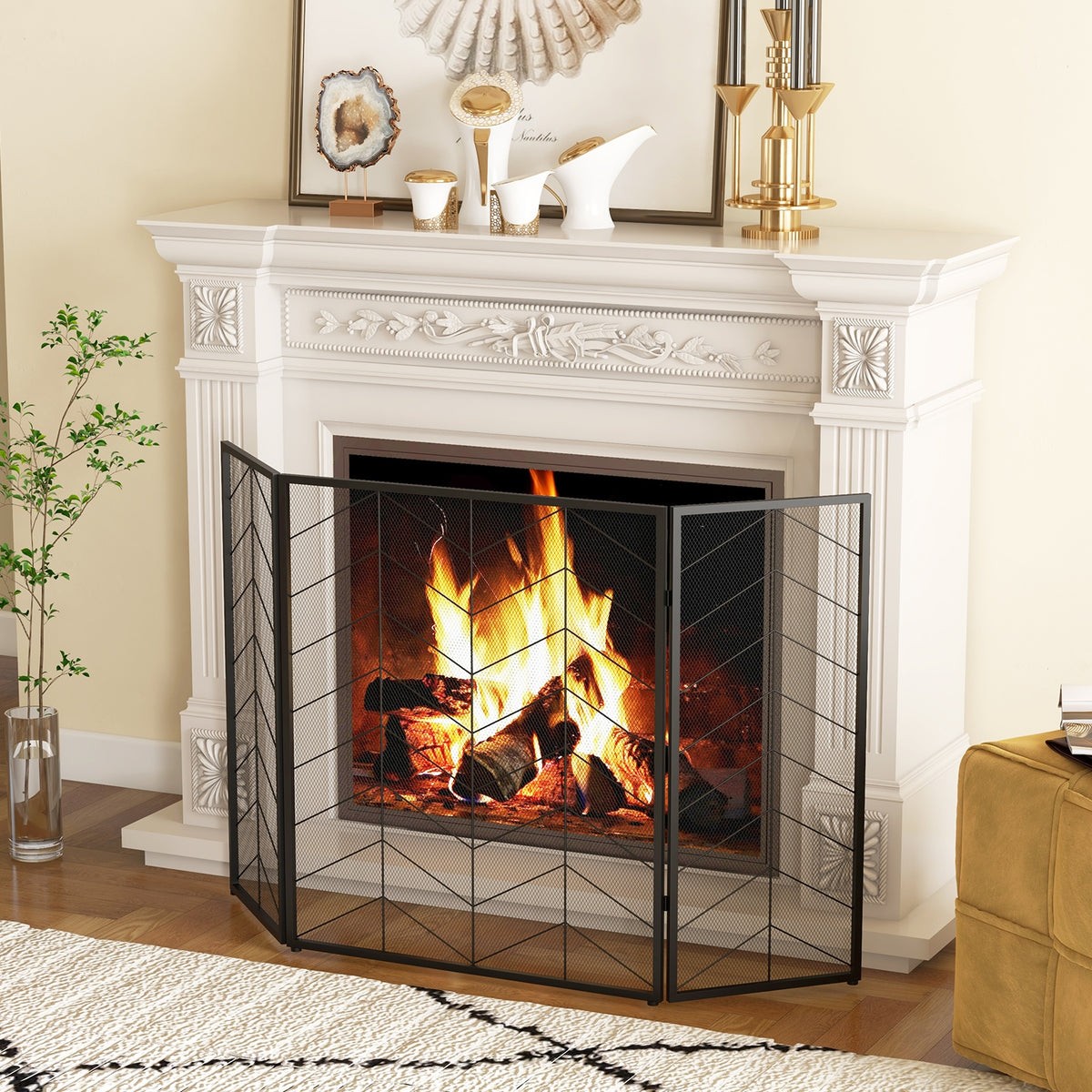 52 x 31 Inch Fireplace Screen with Chevron Herringbone Pattern-Fireplace Tools-DECOROLALA