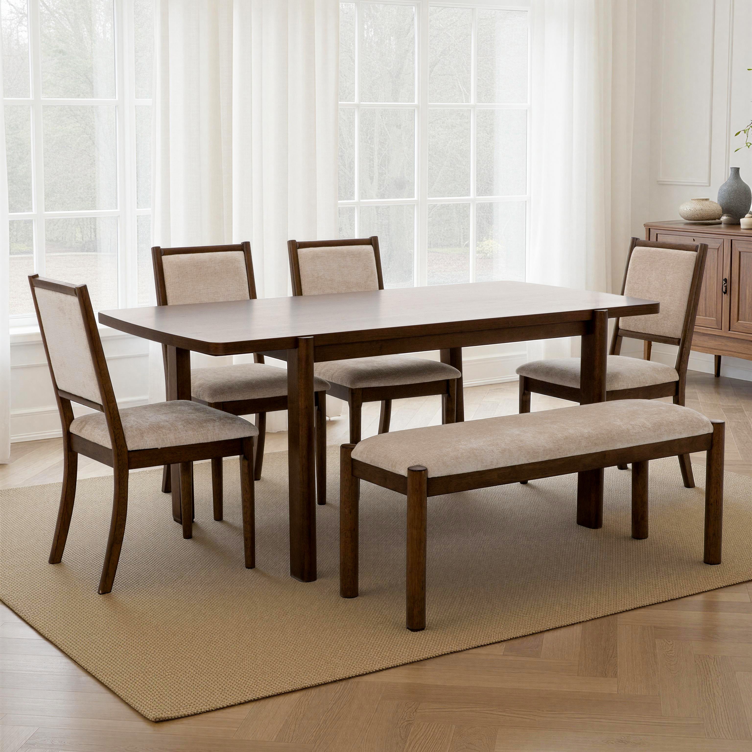 Ensemble de salle à manger 5200 6 pièces - Table en placage chêne, 4 chaises et banc