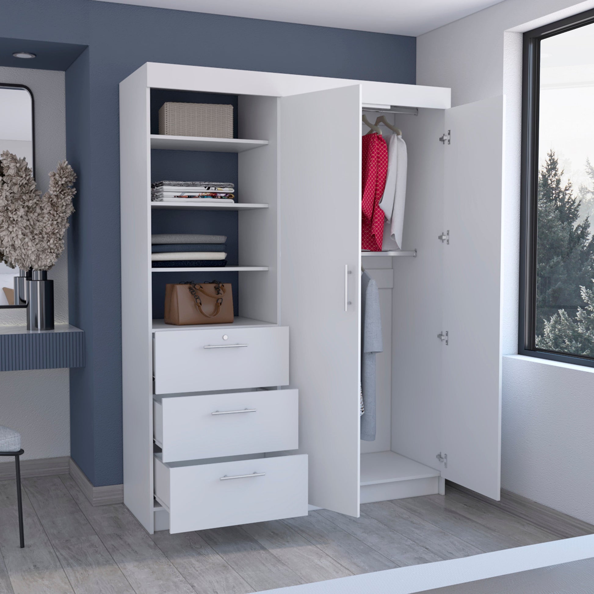 79" White Wood Two Door Three Drawer Combo Dresser-Dressers-DECOROLALA
