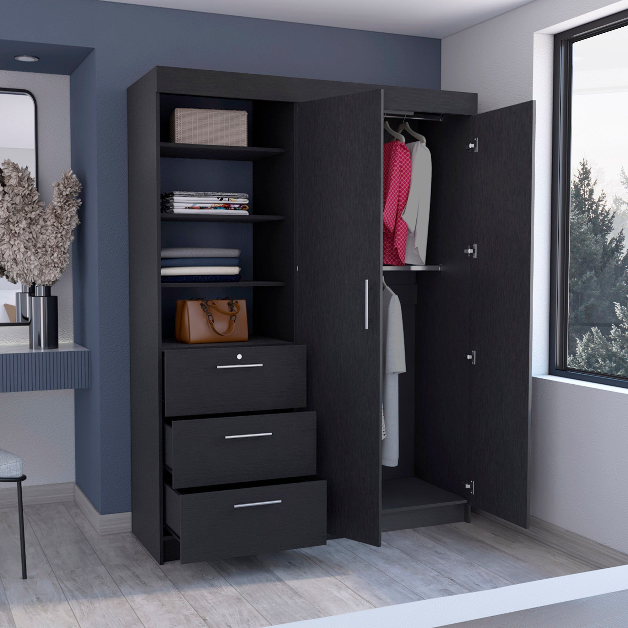 79" Black Wood Two Door Three Drawer Combo Dresser-Dressers-DECOROLALA