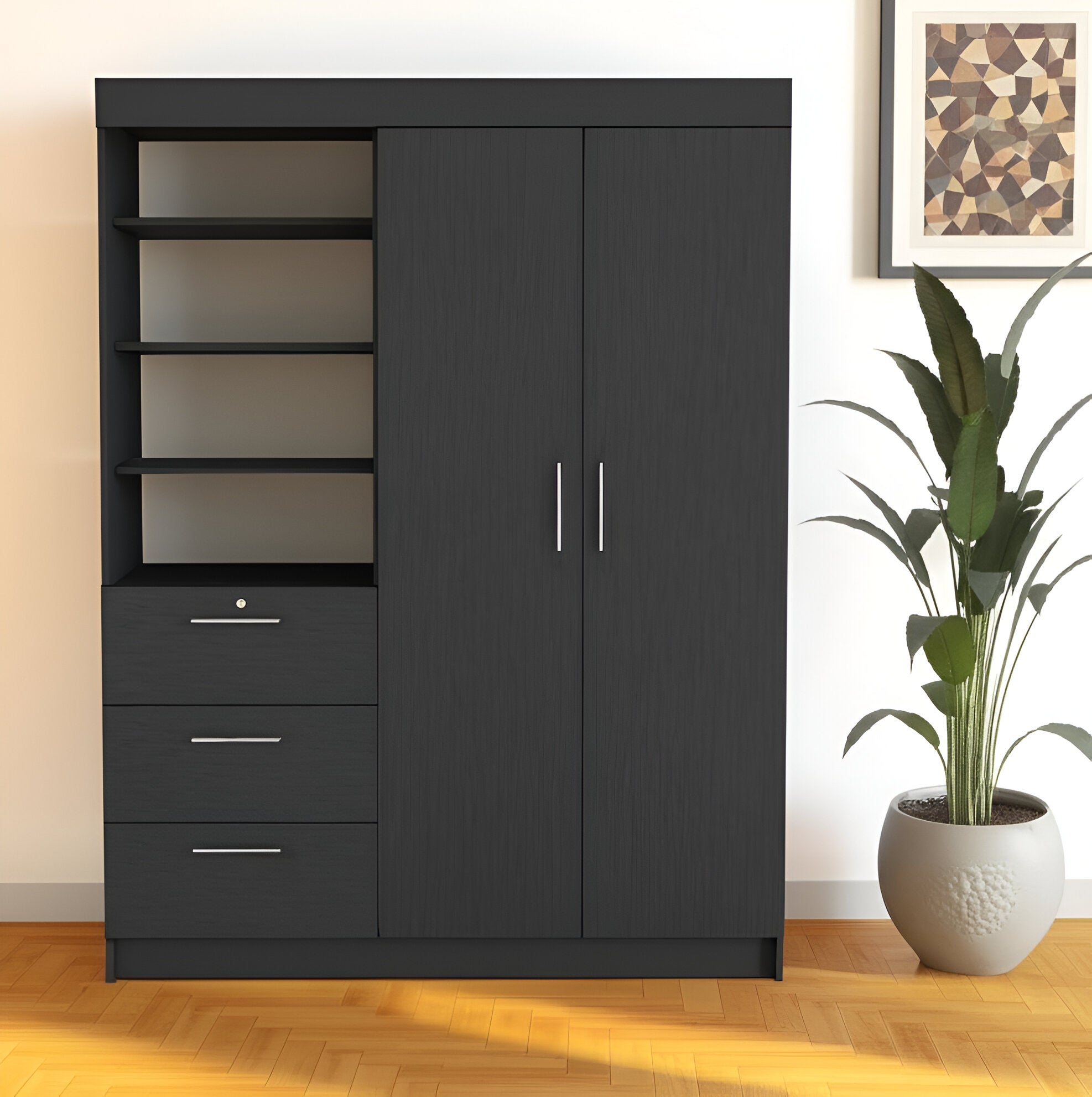 79" Black Wood Two Door Three Drawer Combo Dresser-Dressers-DECOROLALA
