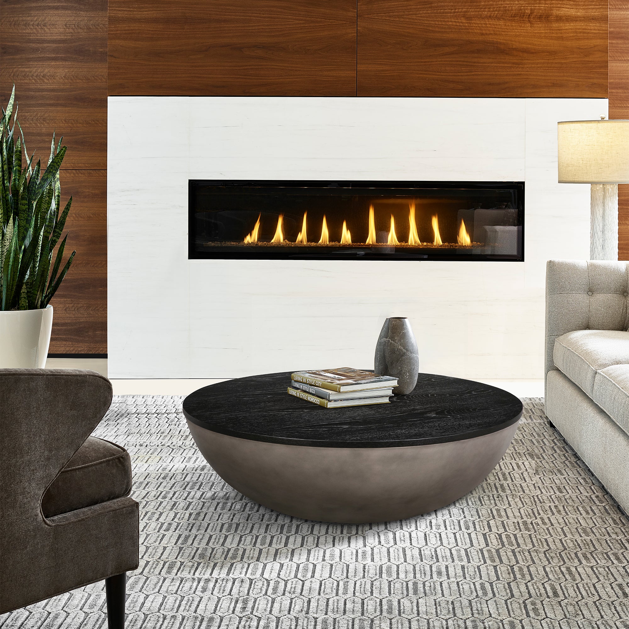 48" Black And Gray Solid Wood And Concrete Round Coffee Table-Coffee Tables-DECOROLALA