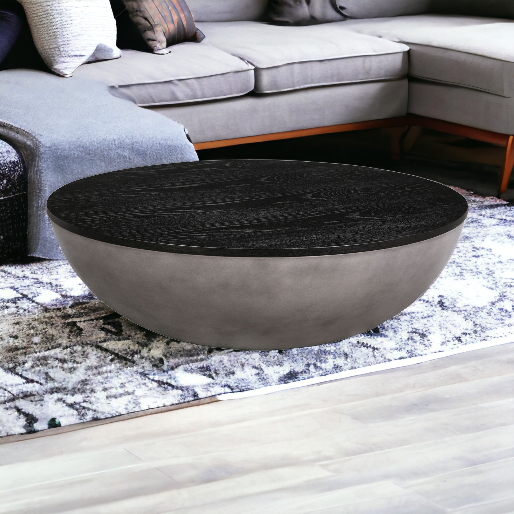 48" Black And Gray Solid Wood And Concrete Round Coffee Table-Coffee Tables-DECOROLALA