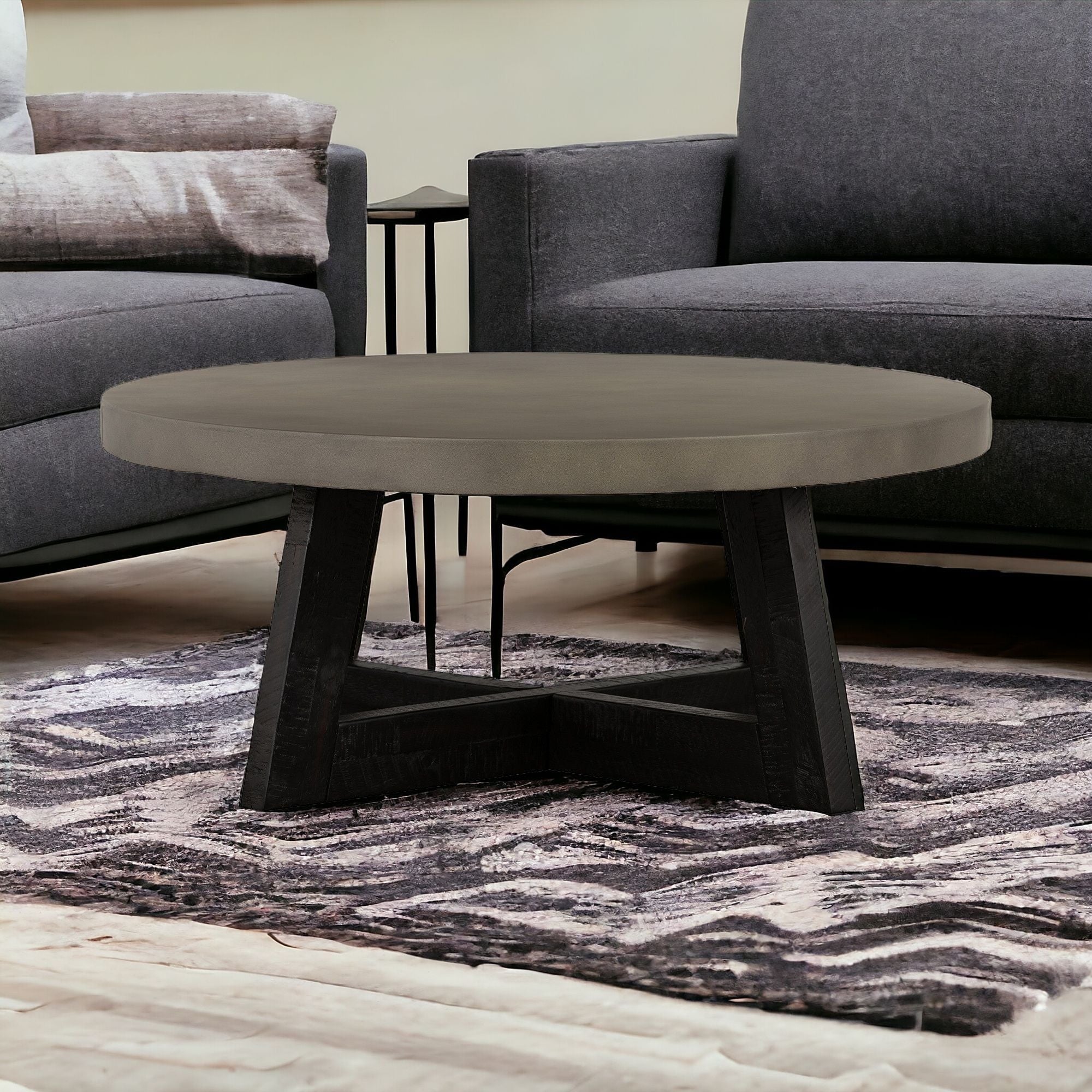 36" Gray And Black Concrete And Solid Wood Round Coffee Table-Coffee Tables-DECOROLALA